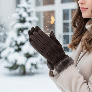 NEW Warmen Women's Brown Suede Fur Trimmed Gloves Sz L Touchscreen Compatible